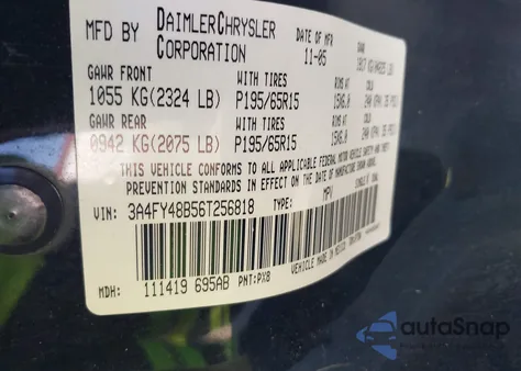 2006 Chrysler Pt Cruiser from USA, damaged, VIN 3A4FY48B56T256818